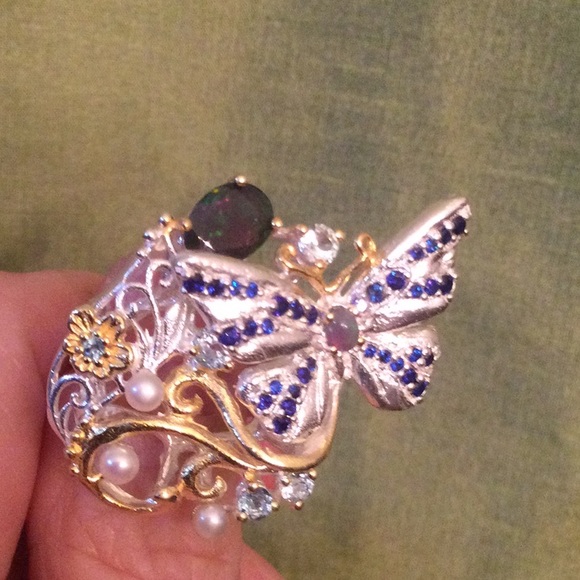 Breathtaking Genuine Sapphire, Black Opals Ring - Picture 13 of 14